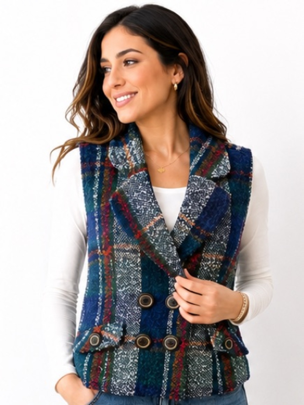 CAbi Plaid Tweed Wool Blend Vest -Medium